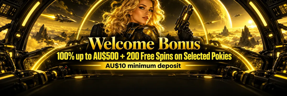 Blonde space heroine in a futuristic flight suit poses with a sci-fi pistol aboard a spacecraft, against a dark sky lit with golden-yellow accents.